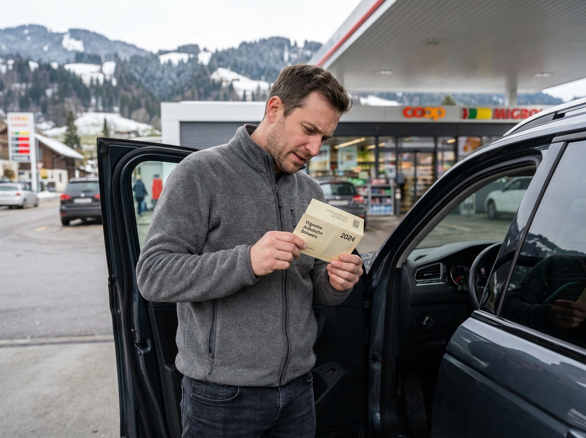Homme tenant une enveloppe de vignette autoroutière suisse à une station-service alpine