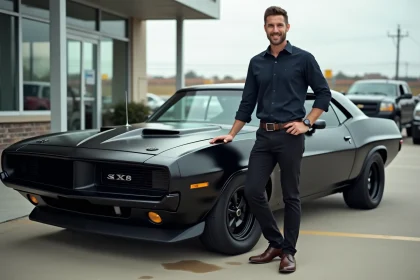 Homme debout à côté d'une voiture muscle noire dans un parking de concessionnaire automobile, illustrant l'achat d'un véhicule Supernatural
