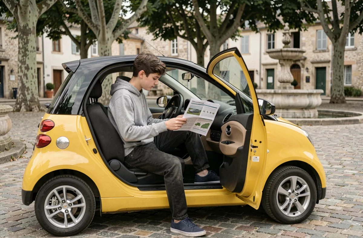 Adolescent de 16 ans lisant un document sur les conditions de conduite d'une voiture sans permis