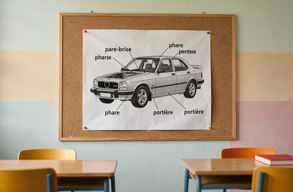 Affiche éducative en français représentant le schéma des parties d'une voiture accrochée dans une salle de classe