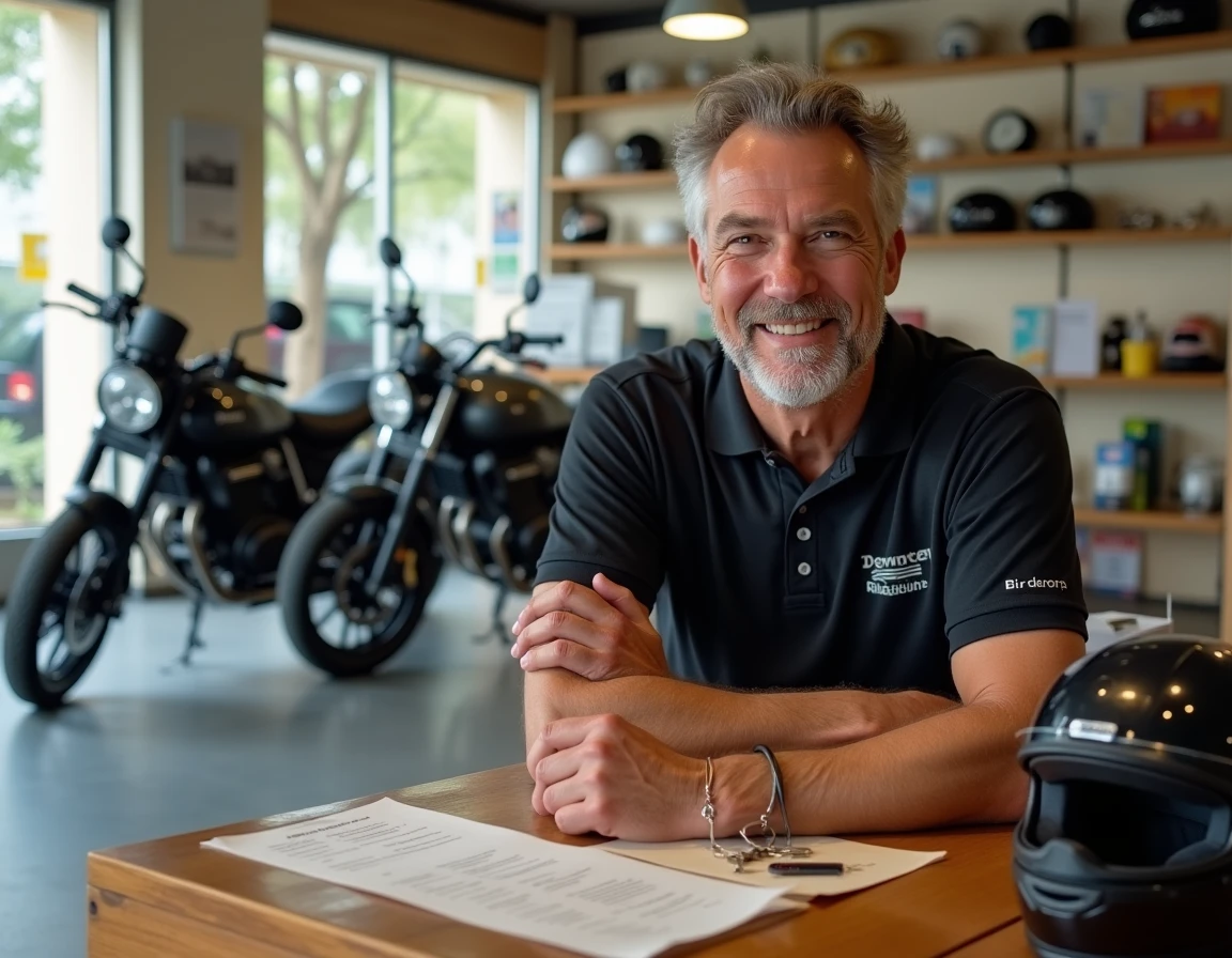 Intérieur d'une agence de location de motos à Agde avec comptoir d'accueil et motos disponibles