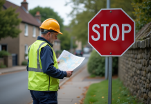 Agent voirie vérifiant un panneau de signalisation dans un village