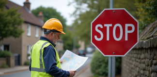 Agent voirie vérifiant un panneau de signalisation dans un village