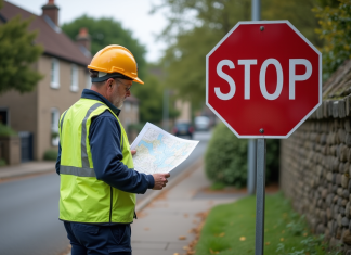 Responsable signalisation routière : qui dans une commune est en charge ? Agent voirie vérifiant un panneau de signalisation dans un village