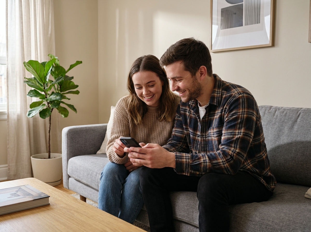 Deux amis révisant ensemble le code de la route sur une application mobile dans un salon moderne