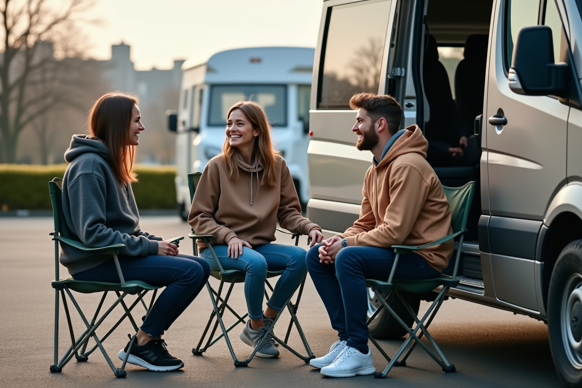 Amis riant autour de leur van en espace urbain