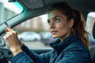 Femme appliquant une vignette Crit'Air sur le pare-brise intérieur d'une voiture sans faire de bulles