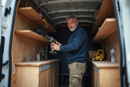 Artisan organisant ses outils dans un van Renault Trafic