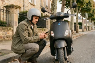 Homme tenant un smartphone à côté de son scooter dans une rue résidentielle, cherchant une assurance scooter temporaire d'un jour