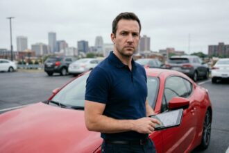 Homme consultant des documents d'assurance sur tablette à côté d'une voiture de sport rouge dans un parking urbain