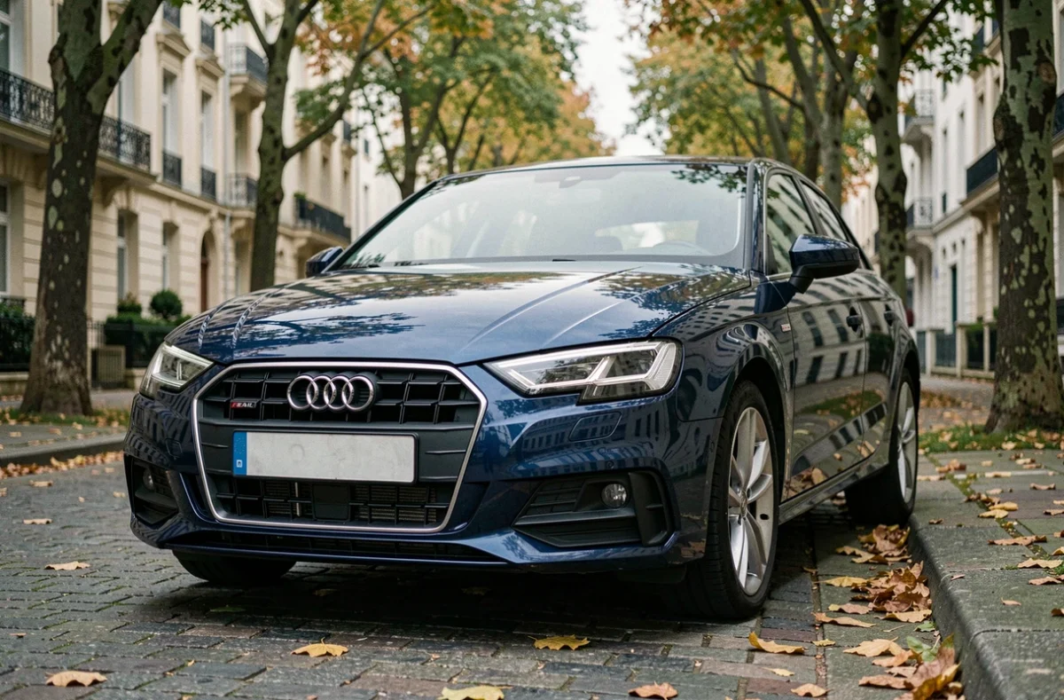 Audi A3 bleue garée dans une rue résidentielle française, vue de face en angle bas pour illustrer l'assurance auto jeune conducteur