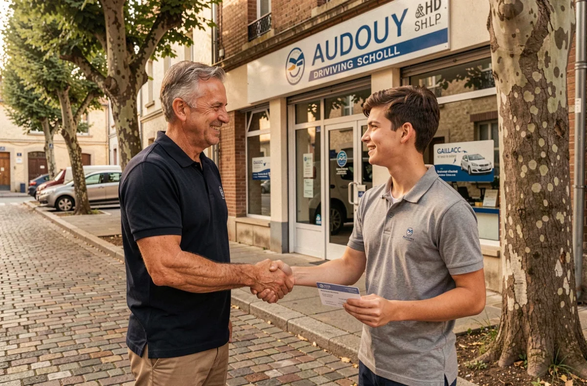 Moniteur Audouy Gaillac serrant la main d'un jeune élève qui tient son permis de conduire fraîchement obtenu devant la devanture de l'auto-école à Gaillac
