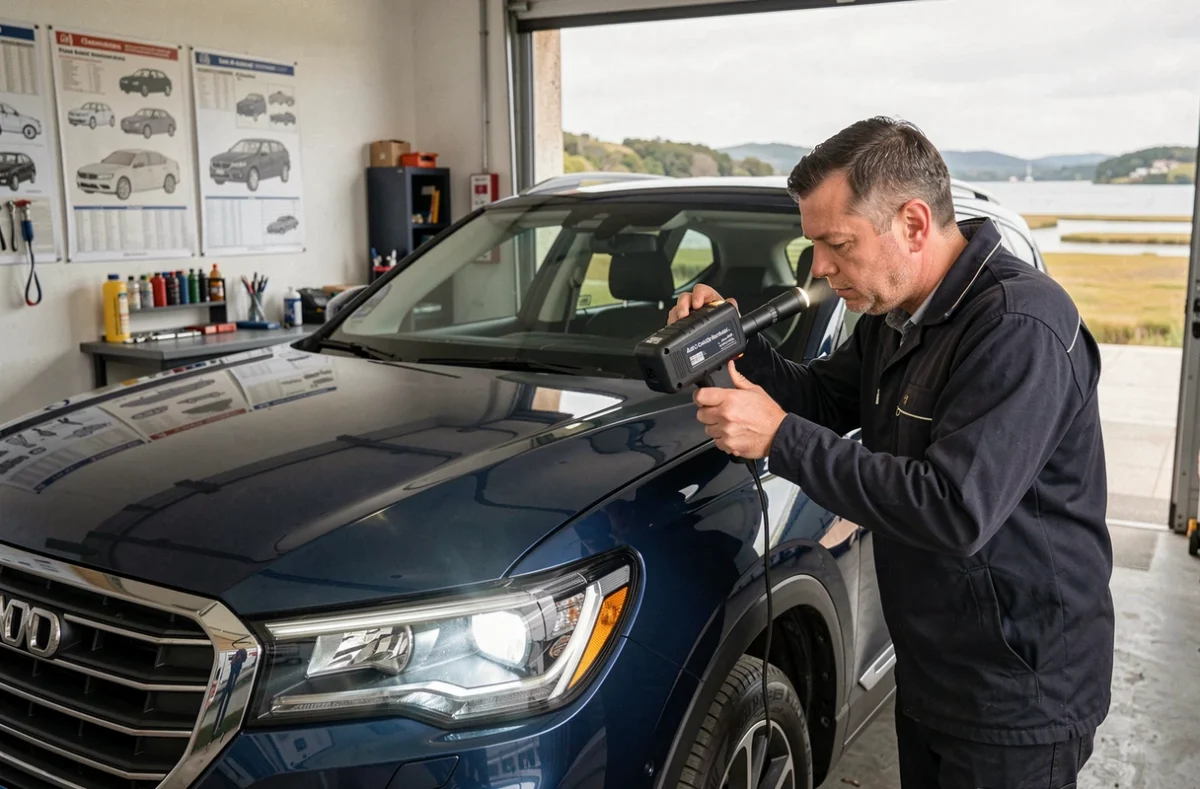 Technicien de l'Auto Contrôle Rochefortais inspectant les phares d'un SUV avec un appareil de réglage