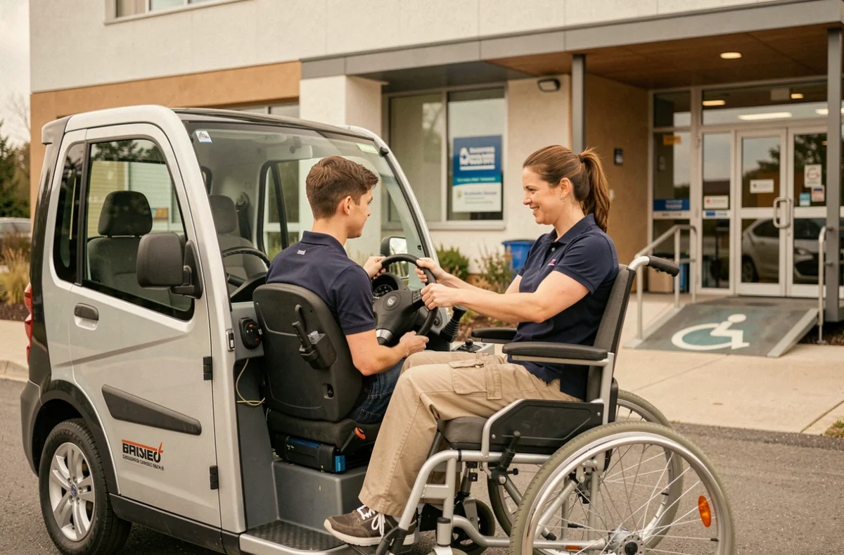 Véhicule adapté aux personnes handicapées d'une auto-école spécialisée Handi Conduite avec rampe d'accès et instructrice expliquant les commandes manuelles