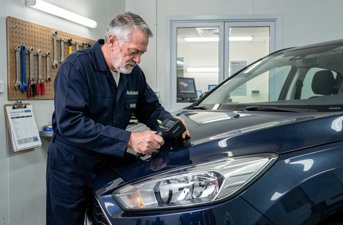 Technicien réglant les phares d'une Ford Focus avec un appareil de contrôle au centre Autosur Benet