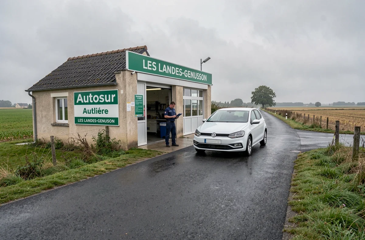 Centre Autosur des Landes-Genusson en milieu rural, avec un technicien accueillant un véhicule devant le garage