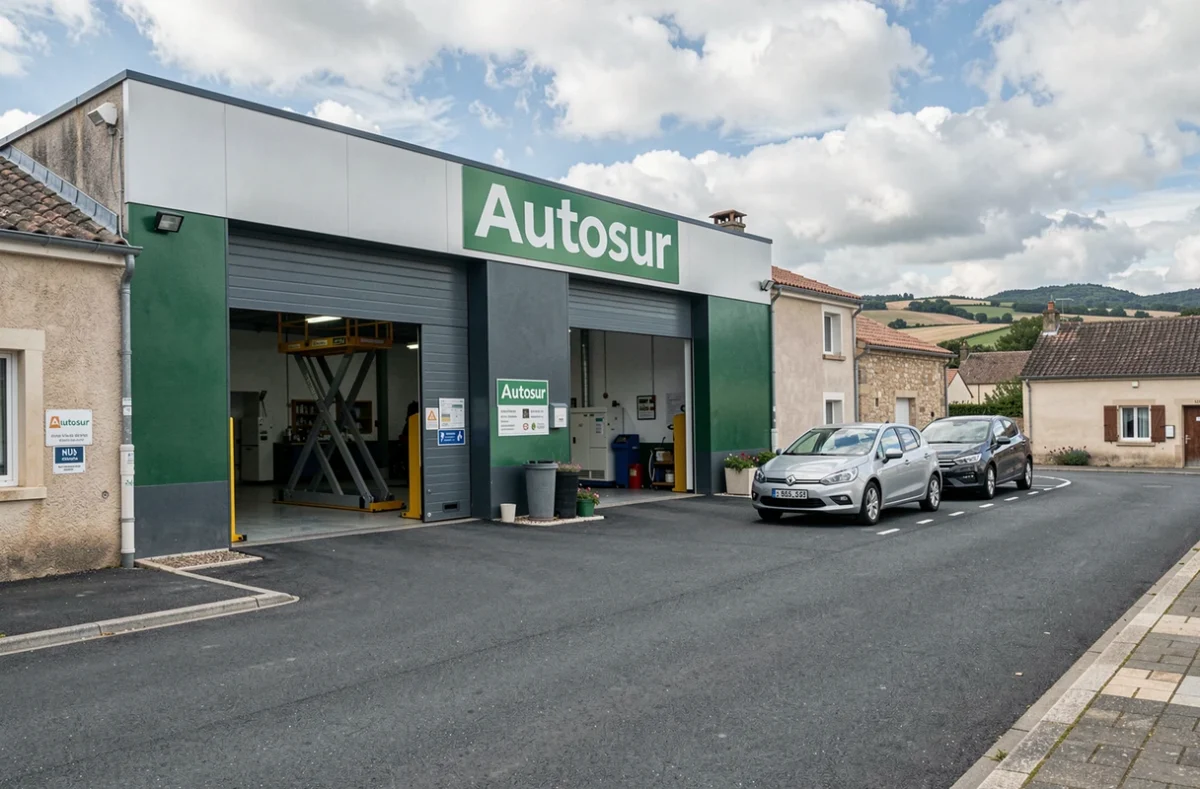 Façade extérieure du centre Autosur Pouzauges avec des véhicules en attente de contrôle technique dans le parking