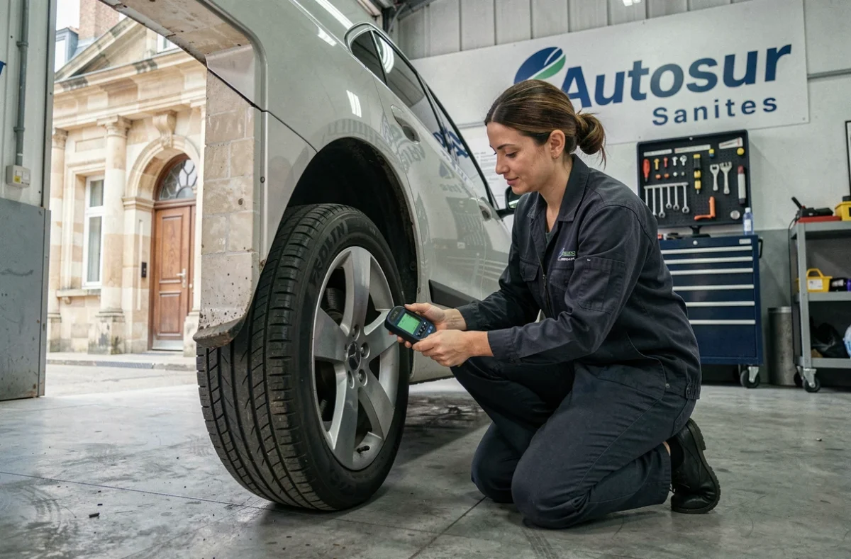 Inspectrice d'Autosur Saintes mesurant la profondeur de gomme d'un pneu avec un calibre numérique