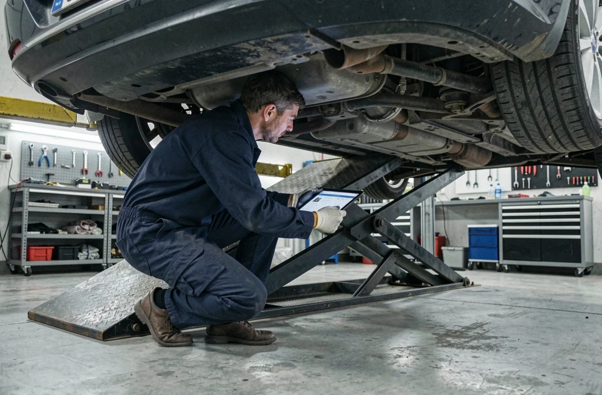 Technicien du centre Autosur Tonnay-Charente effectuant un contrôle sous caisse sur une voiture surélevée