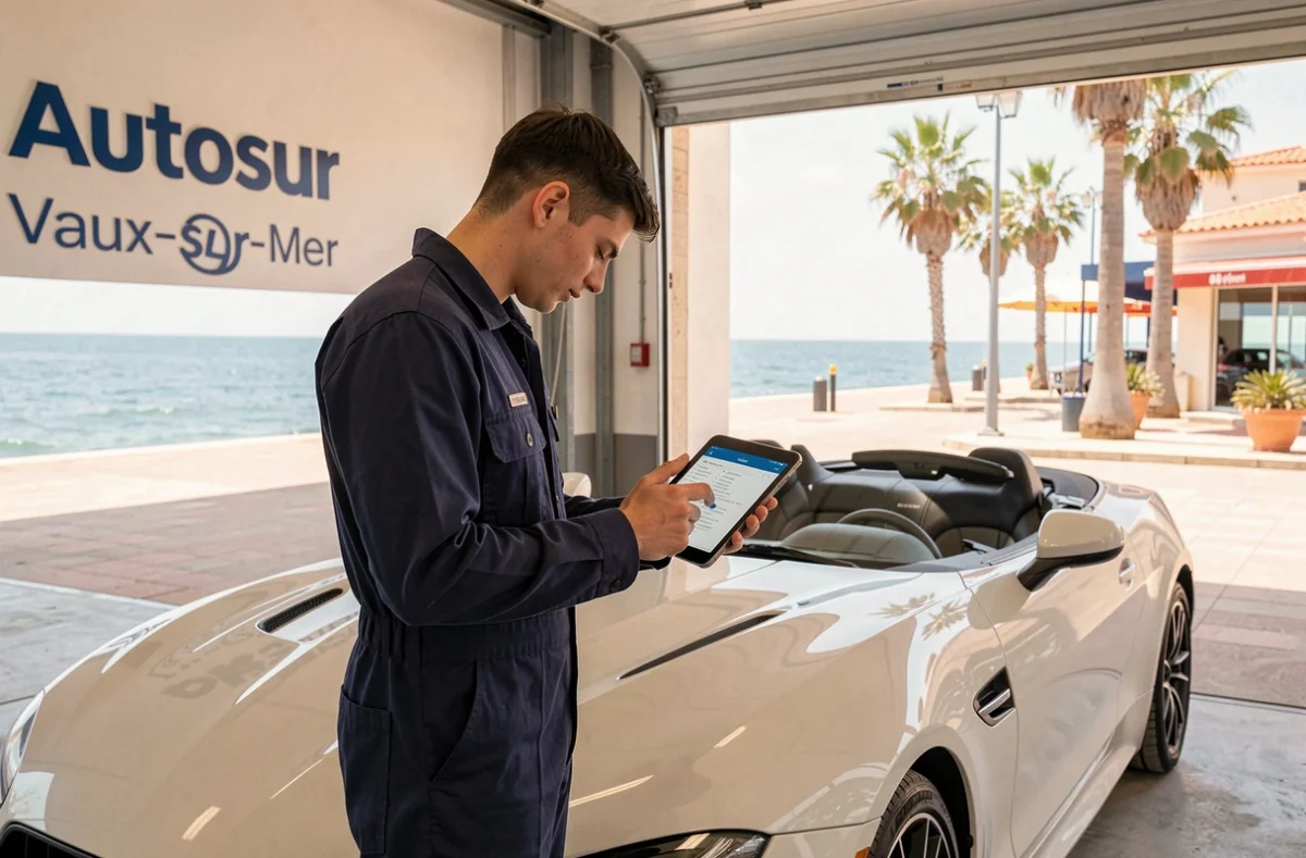 Technicien d'Autosur Vaux-sur-Mer finalisant une liste de contrôle sur tablette à côté d'un cabriolet blanc
