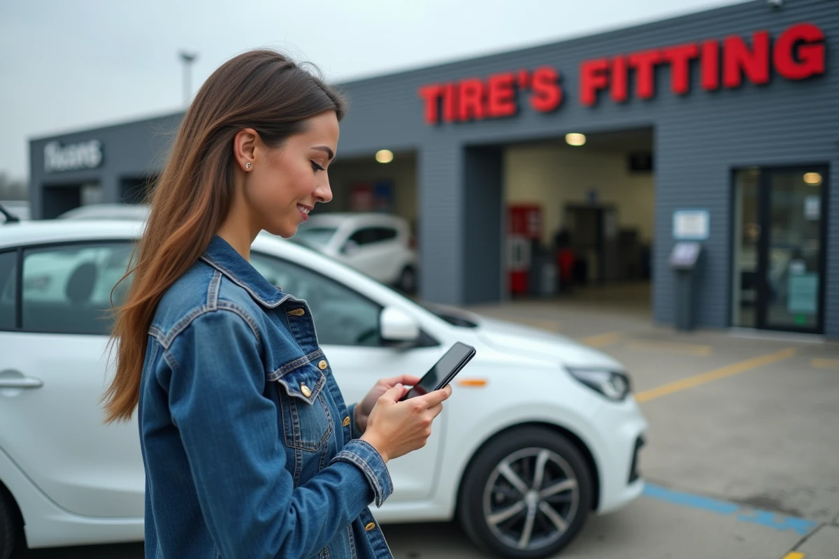 Cliente consultant les avis en ligne sur son téléphone devant un centre de montage de pneus