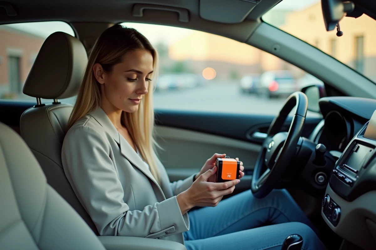 Femme lisant les instructions d'une balise V-16 dans l'habitacle de sa voiture