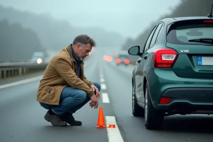 Homme installant une balise V-16 sur le bord d'une autoroute lors d'une panne de voiture
