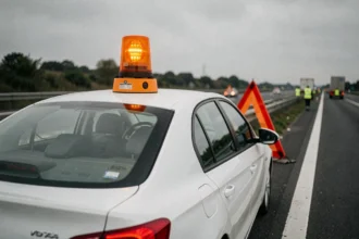Balise V16 homologuée montée sur le toit d'une voiture garée sur la bande d'arrêt d'urgence d'autoroute