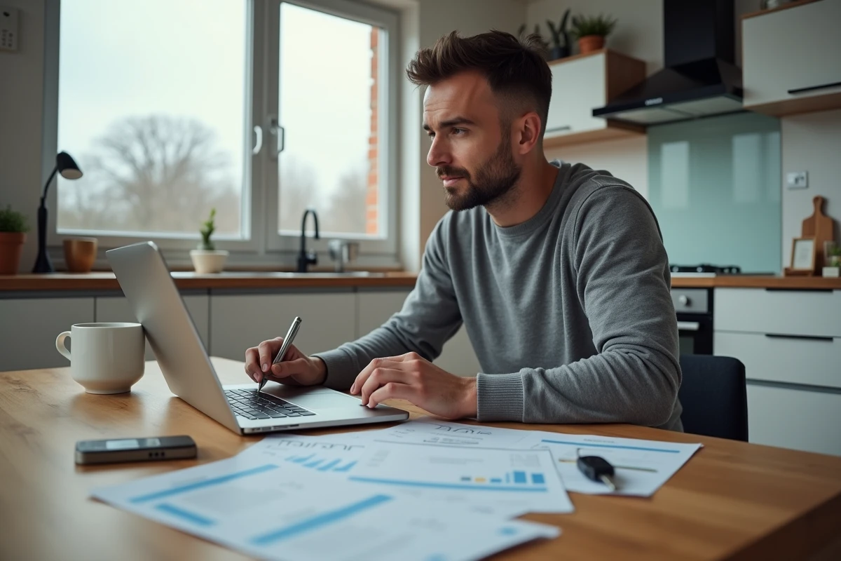 Homme consultant des documents budgétaires et administratifs pour l'achat d'une voiture Supernatural, posé sur une table de cuisine avec un ordinateur portable