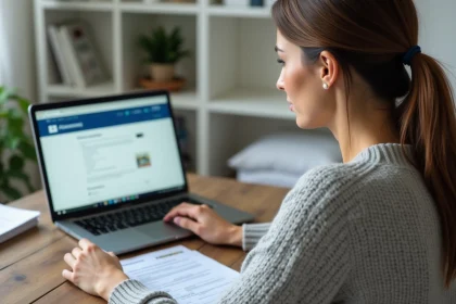 Femme consultant le site officiel pour calculer le prix d'une carte grise en ligne depuis son bureau à domicile