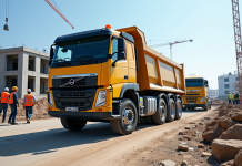 Camion de construction puissant sur un chantier animé