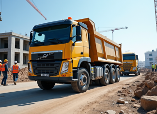 Camion de construction puissant sur un chantier animé