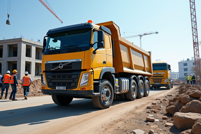 Camion de construction puissant sur un chantier animé