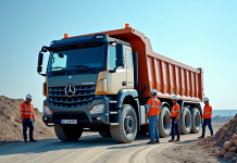 Camion commercial de 19 tonnes sur un chantier avec ouvriers en sécurité