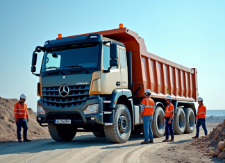 Camion commercial de 19 tonnes sur un chantier avec ouvriers en sécurité