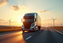 Camion électrique moderne sur autoroute au lever du soleil
