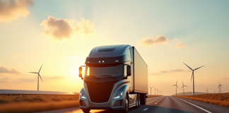 Camion électrique moderne sur autoroute au lever du soleil