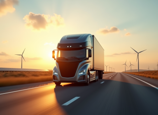 Les avantages inattendus des véhicules poids lourds électriques Camion électrique moderne sur autoroute au lever du soleil