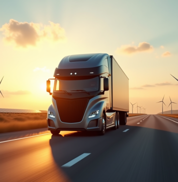 Camion électrique moderne sur autoroute au lever du soleil