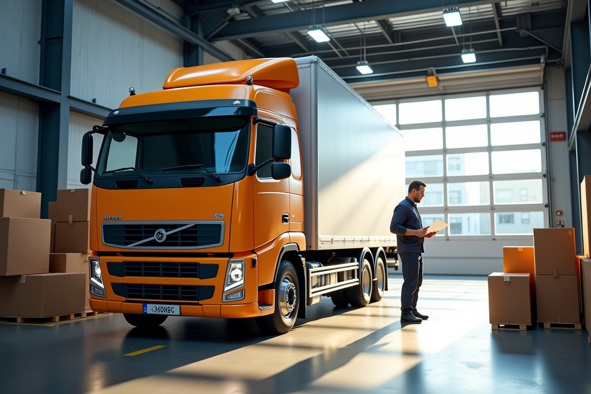 Camion de livraison en zone de chargement urbaine avec conducteur