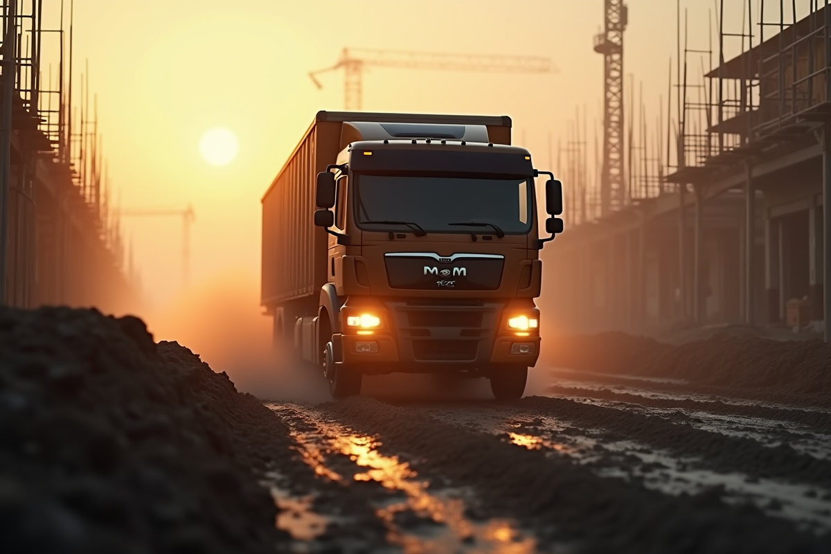 Camion de livraison dans un chantier boueux à l