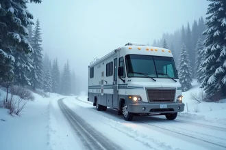 Camping-car poids lourd d'occasion garé sur une route de montagne enneigée en hiver