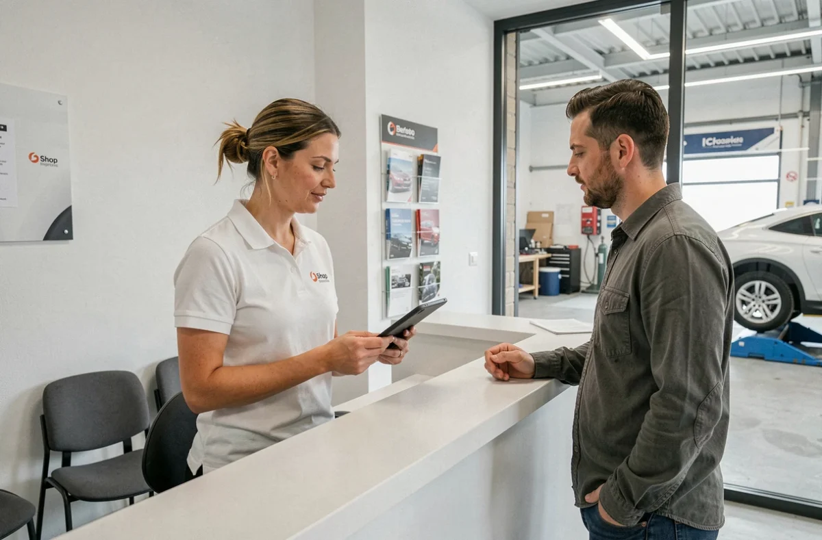 Responsable de carrosserie dans le Bas-Rhin accueillant un client et présentant un devis de réparation à la réception d'un garage moderne