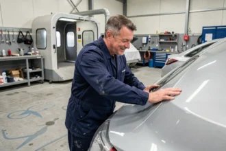 Carrossier professionnel inspectant la carrosserie réparée d'une berline argentée dans un atelier de carrosserie du Bas-Rhin