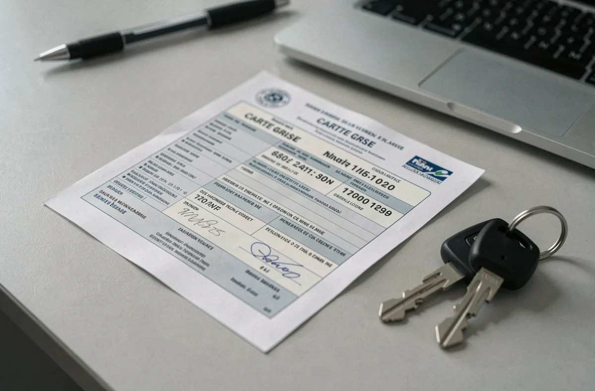 Carte grise française posée sur un bureau avec des clés de voiture dans le cadre d'un changement de titulaire en leasing