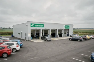 Vue générale d'un centre de contrôle technique en Vendée, avec plusieurs voitures garées devant des baies de service