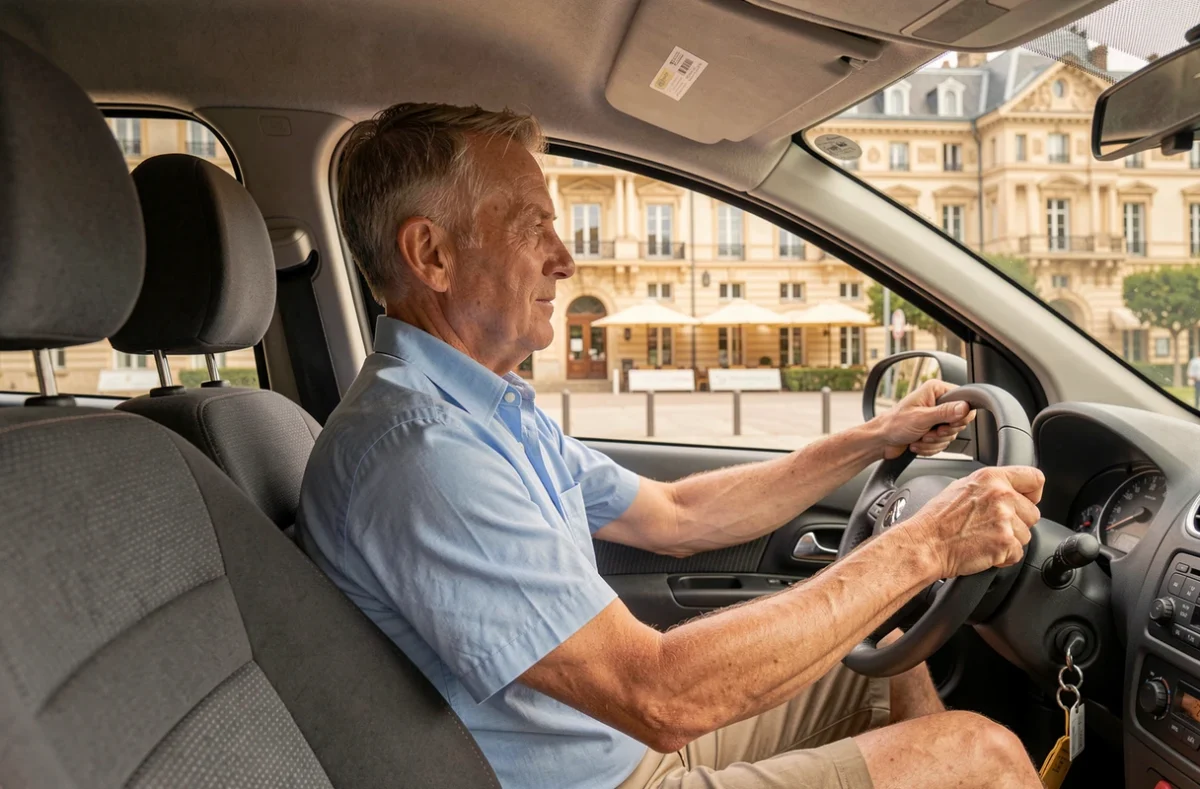 Moniteur de l'auto-école CER à Vichy dans une voiture d'apprentissage avec l'architecture thermale en fond
