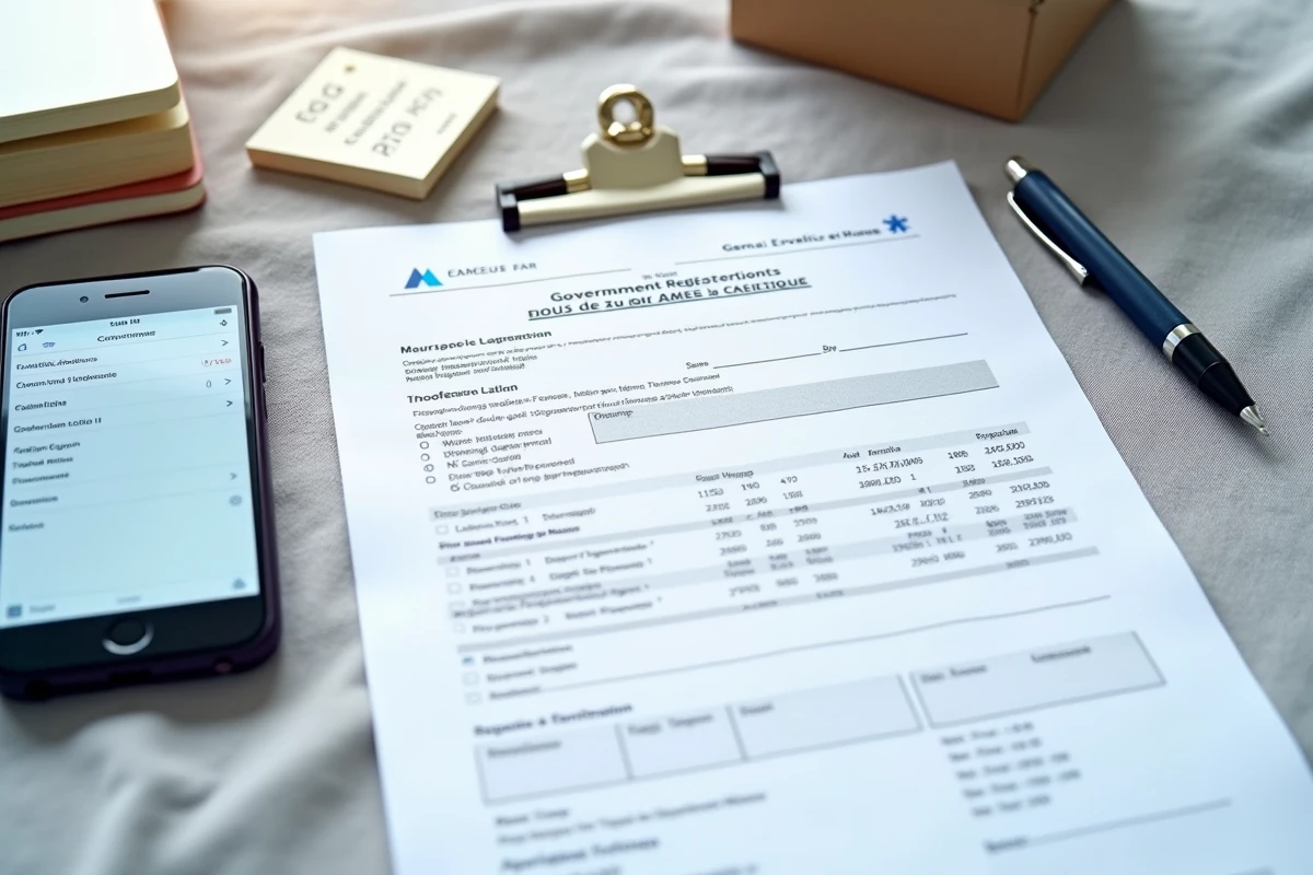 Vue aérienne d'un certificat d'immatriculation français entouré d'un smartphone et de notes sur la taxe régionale