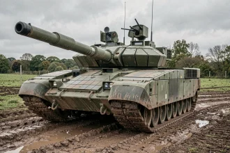 Char Challenger 2 vu de face sur un terrain d'entraînement boueux, blindage Chobham et panneaux de protection visibles en détail