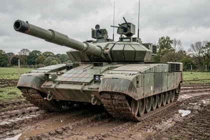 Char Challenger 2 vu de face sur un terrain d'entraînement boueux, blindage Chobham et panneaux de protection visibles en détail